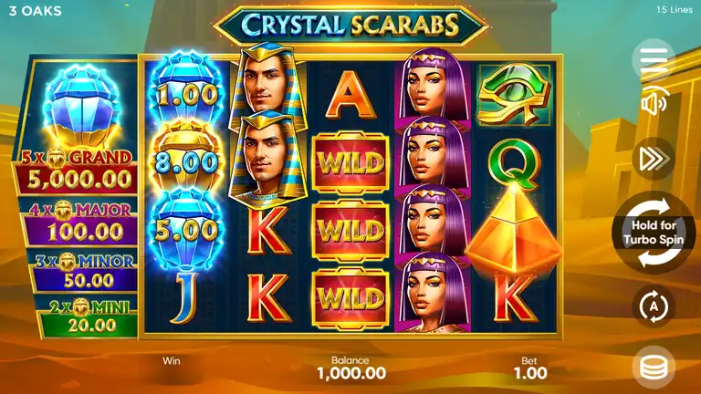 Crystal Scarabs session start, spin 1, balance $999.00 at $1.00 bet
