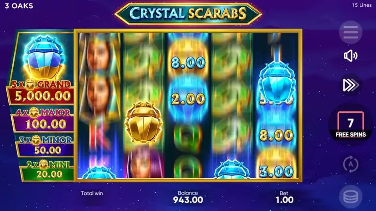 Crystal Scarabs spin 381, balance $943.00 - early bonus activity held the drawdown below 6%