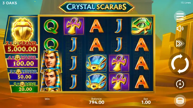 Crystal Scarabs spin 795, balance $793.00 - steady drawdown through mid-session