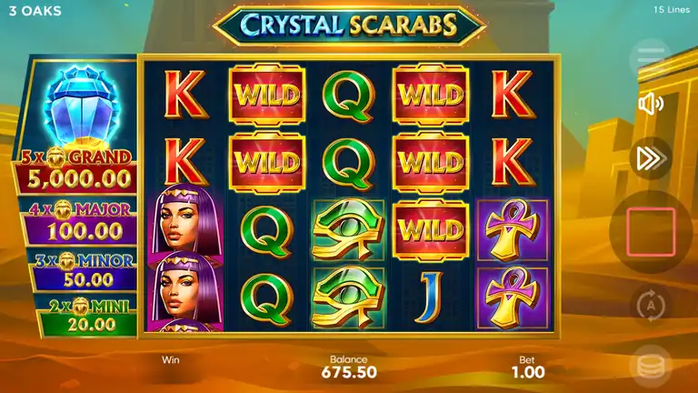Crystal Scarabs spin 1620, balance $675.50 on screen (pre-final spin; final close $674.50)