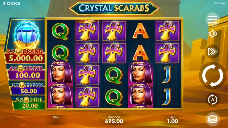 Crystal Scarabs base game at spin ~1225 - Q, Ankh and Cleopatra symbols on the 5x4 grid with jackpot panel visible, balance 695.00 at bet 1.00, moments before the session's Hold & Win trigger