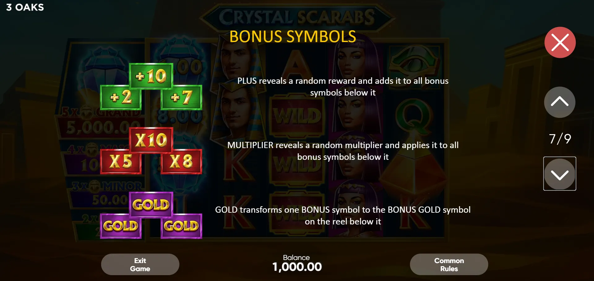 Crystal Scarabs BONUS SYMBOLS page showing PLUS (green, adds random value to column below), MULTIPLIER (red, applies random multiplier to column), GOLD (gold-purple, converts Bonus to Bonus Gold)