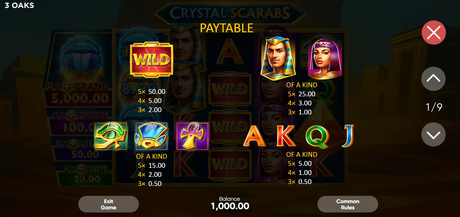 Crystal Scarabs PAYTABLE showing full symbol hierarchy: WILD 50x, Pharaoh/Cleopatra 25x, Eye of Ra/Crystal Scarab/Ankh 15x, card royals 5x at 1.00 total bet