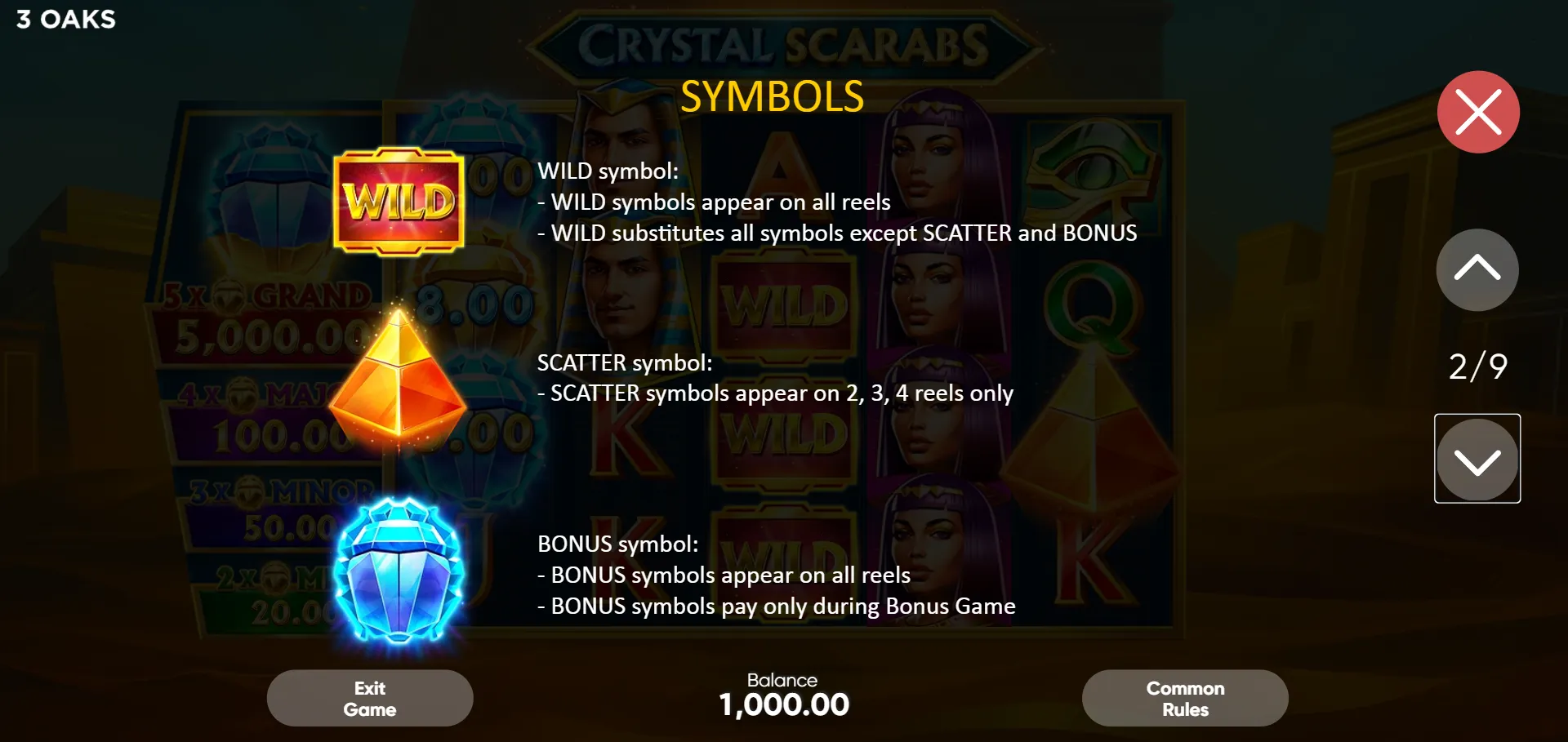 Crystal Scarabs SYMBOLS page showing WILD substitution rules, SCATTER placement on reels 2-3-4 only, and BONUS symbol function during Bonus Game
